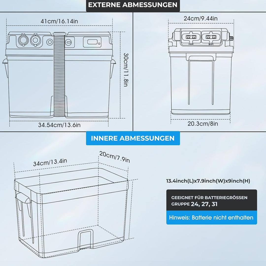 Batteriebox für Bootsmotor Elektromotor Schlauchboot Aussenboarder RV– mit USB & 12V Anschluss, Ziga