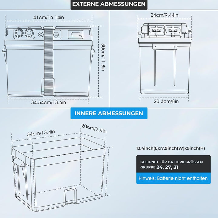 Batteriebox für Bootsmotor Elektromotor Schlauchboot Aussenboarder RV– mit USB & 12V Anschluss, Ziga
