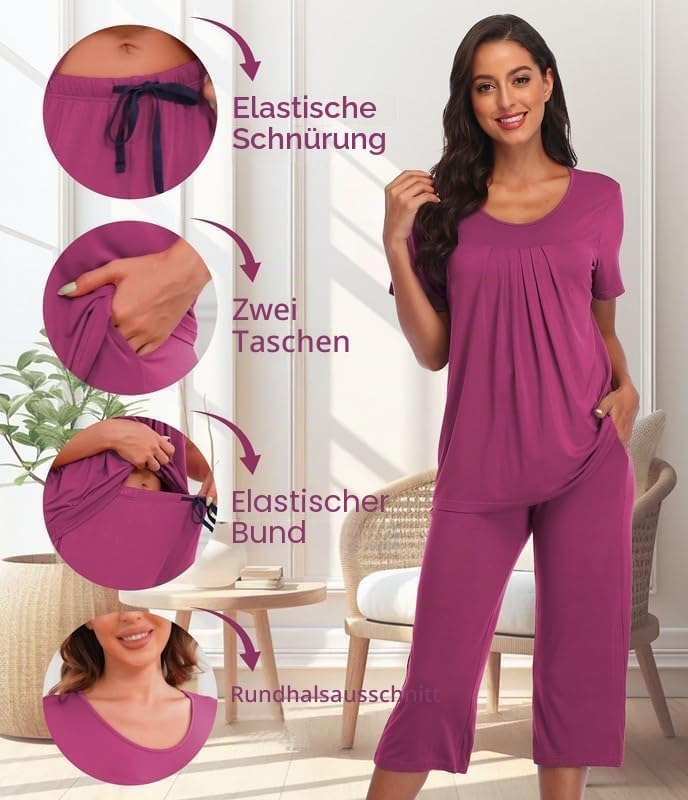 COLORFULLEAF Schlafanzug Damen Still Pyjama Set Zweiteiler Damen Sommer Leichter Kurzarm Nachtwäsche