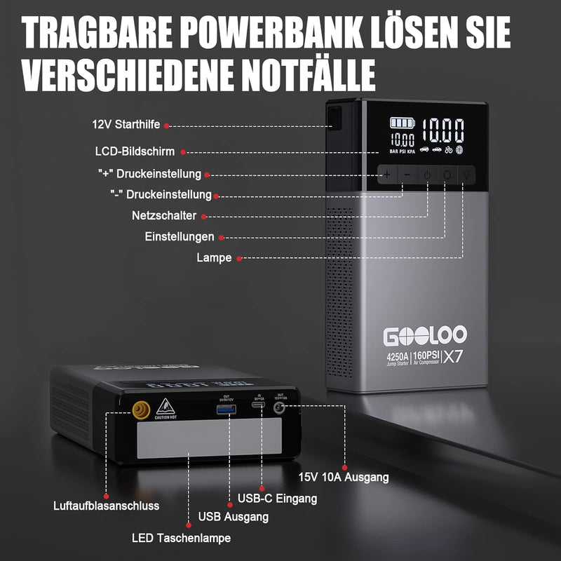 GOOLOO X7 4250A Starthilfe Powerbank mit Kompressor,Starthilfe mit Digitalem Reifenfüller 160 PSI, 1