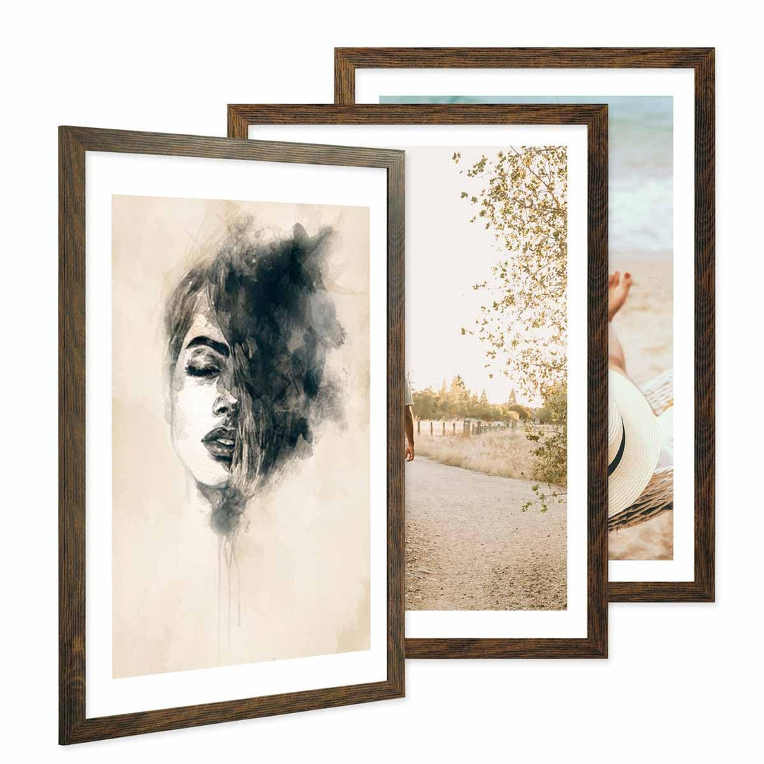PHOTOLINI Bilderrahmen 40x60 Eiche dunkel Holz MDF, 3er Set breite 40x60 cm Bilderrahmen mit bruchsi