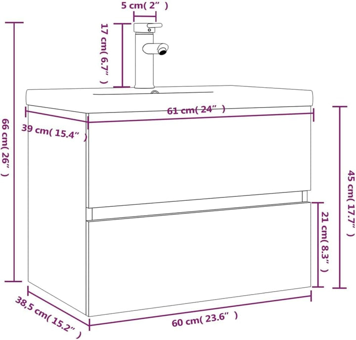 WIFESE Waschbeckenschrank mit Einbaubecken & Wasserhahn 61x39x18,5 cm Räuchereiche Holzwerkstoff Was