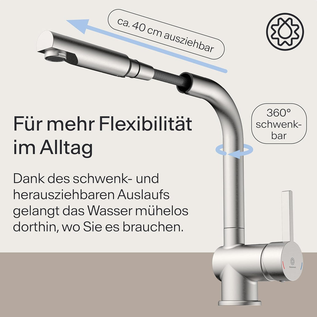 Küchenarmatur WK4 | Wasserhahn Küche | Spültischarmatur mit Ausziehauslauf | Ausziehbare Geschirrbra