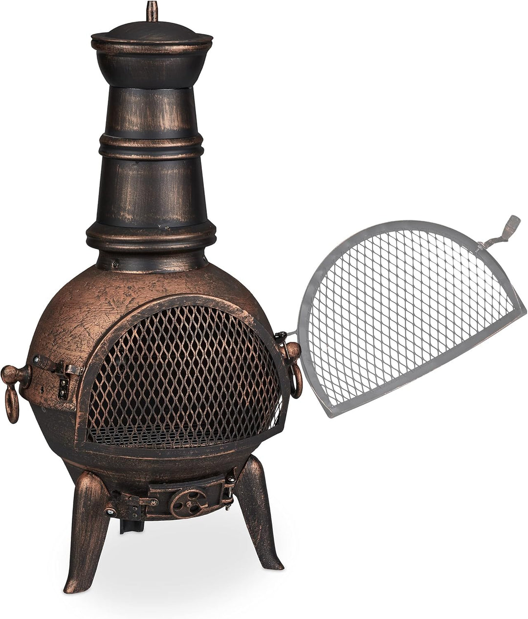Relaxdays Terrassenofen, Aztekenofen mit Schürhaken, Gusseisen, Funkenschutz, für Garten, HxBxT: 86x