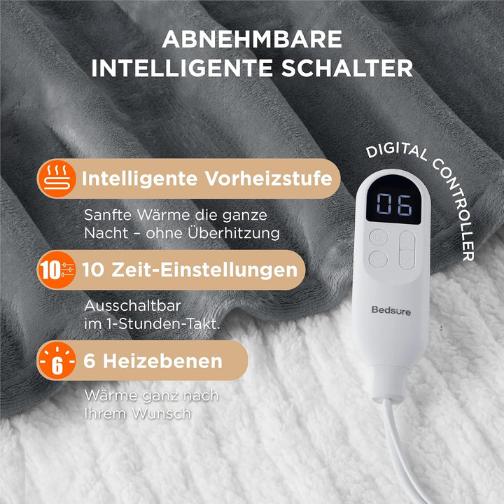 BEDSURE Heizdecke mit Abschaltautomatik 180x200cm - Wärmedecke mit 6 Heizstufen & 10 Stunden Timer,
