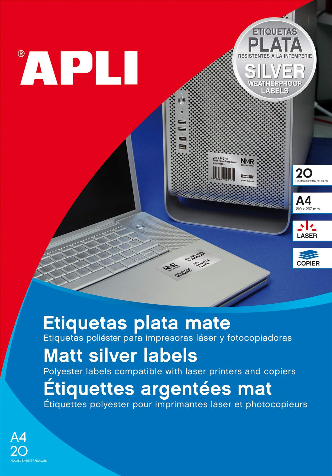 APLI 12974 Etiketten, silberfarben, 210,0 x 297,0 mm, 100 Blatt