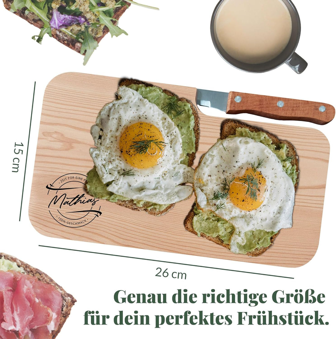 Personalisiertes Frühstücksbrettchen mit Messer, Wunsch-Name oder Text graviert – Geschenk-Idee Gebu