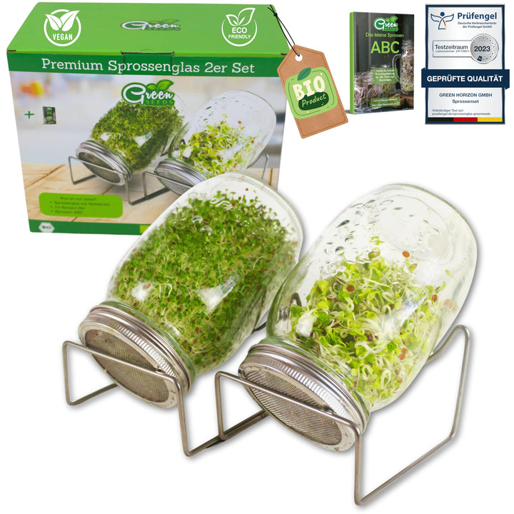 Green SEEDS Sprossenglas Keimglas 2er Set 1000ml mit hochwertigem Edelstahl-Gitterdeckel, Ständer +