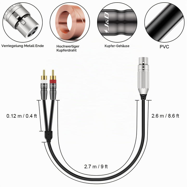J&amp;D XLR Buchse zu Dual Cinch Stecker Kabel, PVC Schale Ungebalanced XLR zu 2 Cinch Y Splitter Patch