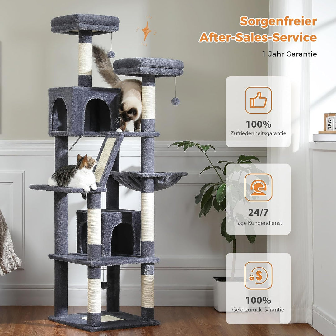 PETEPELA 180cm Kratzbaum gross, Multi-Level Katzenbaum für grosse Katzen, mit 6 Sisalsäule, 2 Kratzb