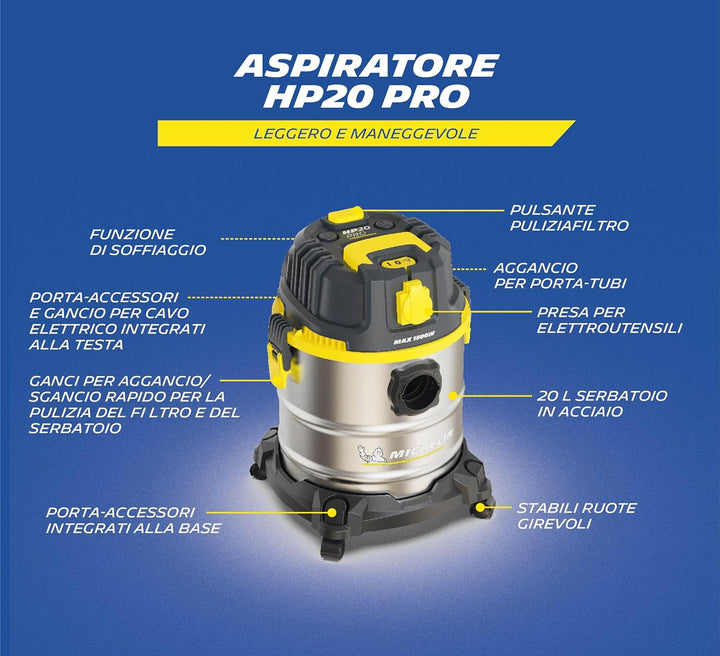 Michelin Nass- und Trockensauger HP20 PRO I Edelstahlbehälter 20 L I Steckdose für weitere Geräte I