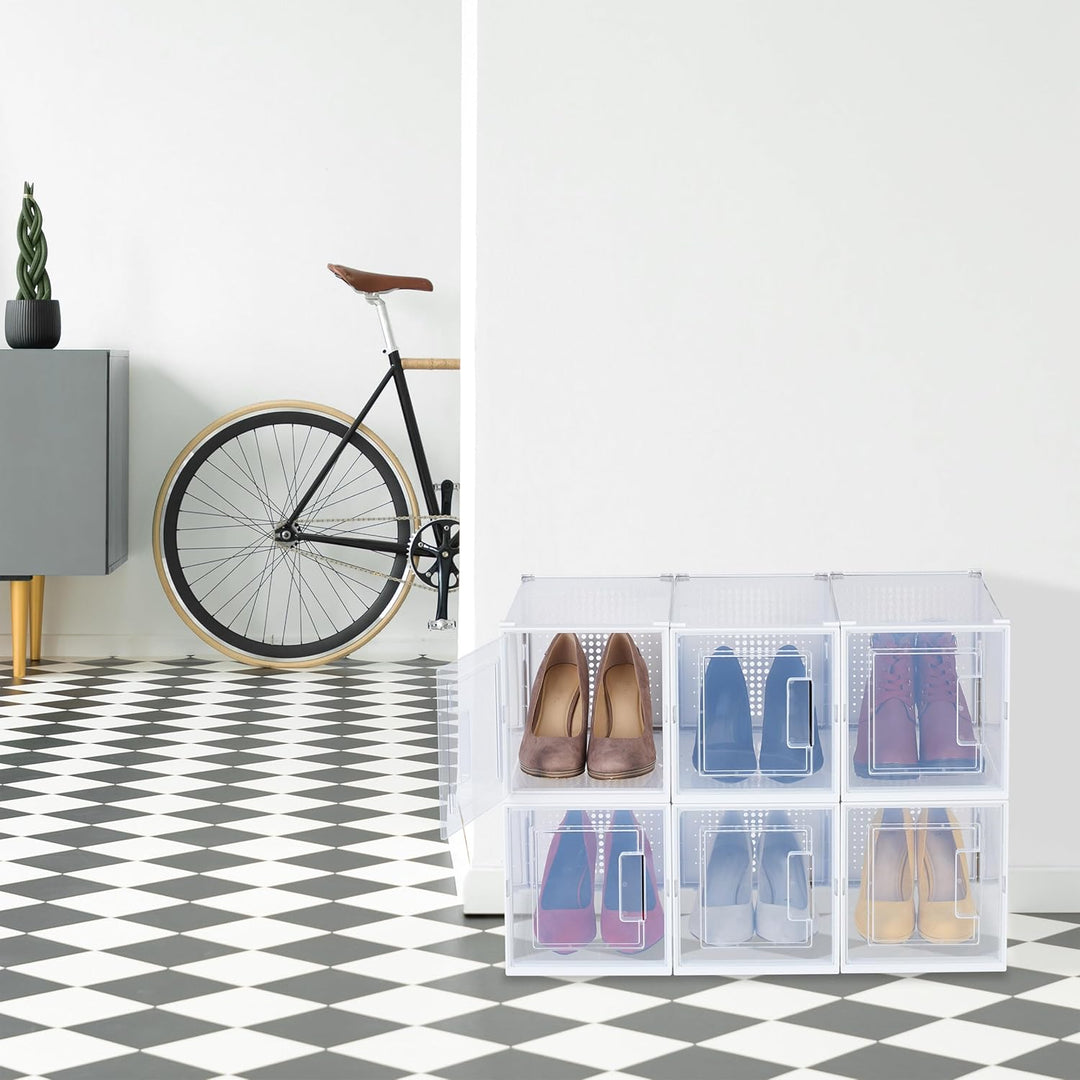 Relaxdays Schuhboxen 6er Set, für High Heels, Schuhorganizer stapelbar, bis Grösse 42, Lüftungsschli