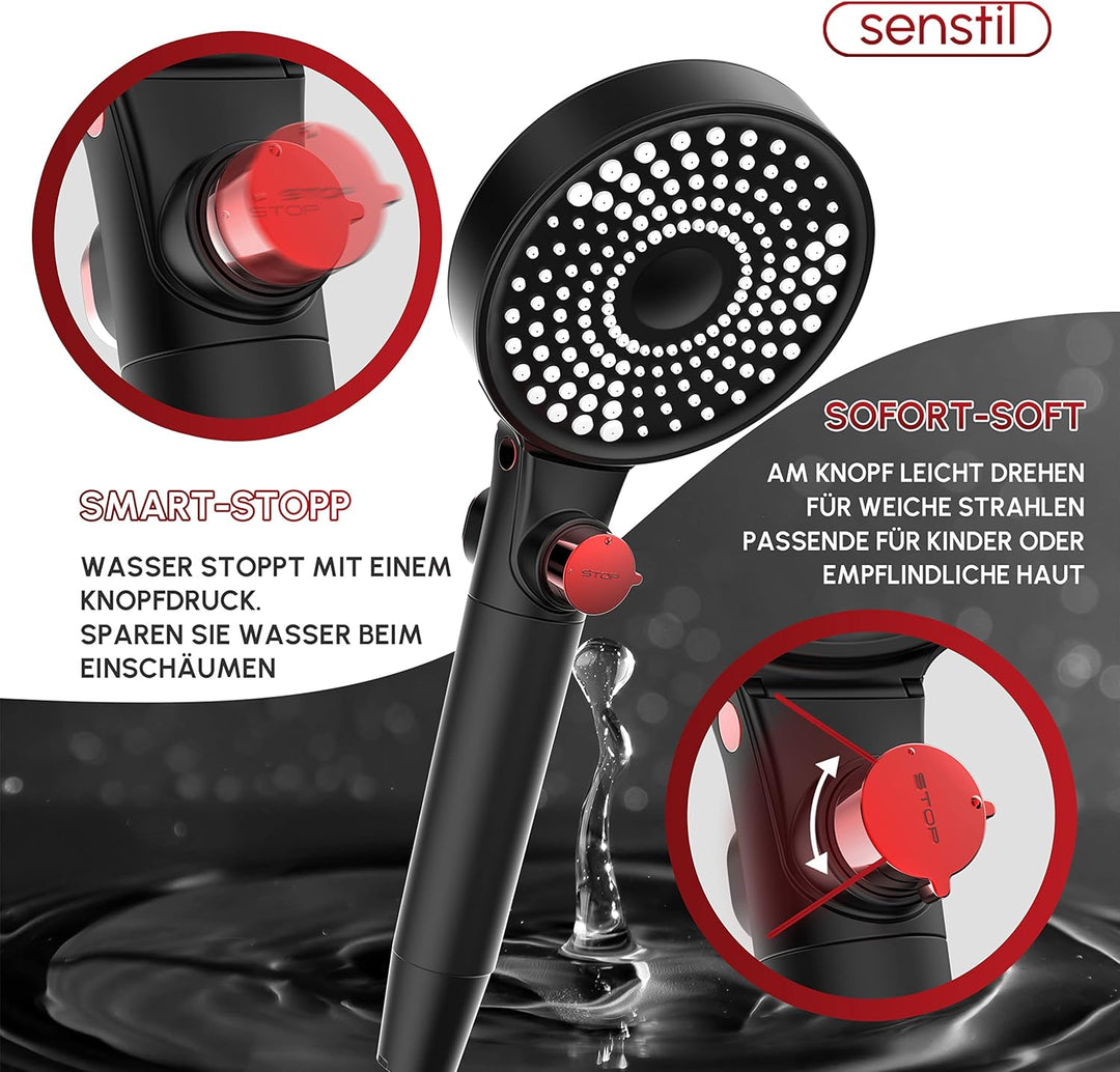 senstil® Double-Face Max Duschkopf mit Duschschlauch 1.6m | bis zu 60% wassersparende Handbrause | 3