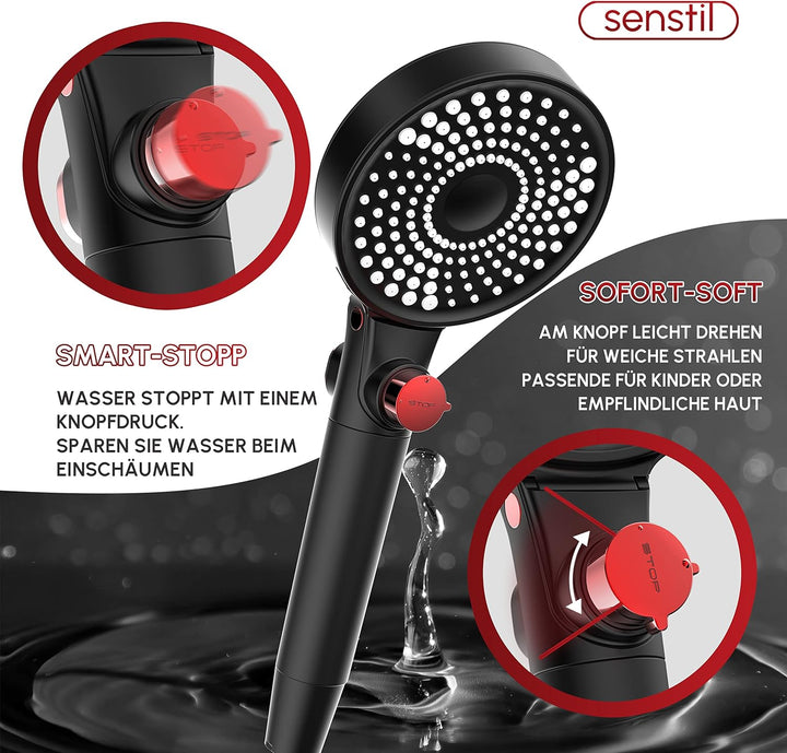 senstil® Double-Face Max Duschkopf mit Duschschlauch 1.6m | bis zu 60% wassersparende Handbrause | 3