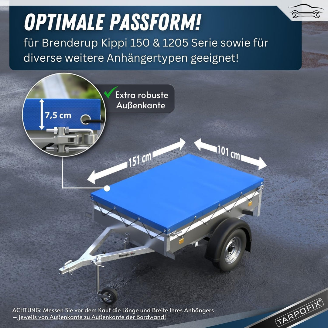 Tarpofix® Anhängerplane Flachplane 151x101x7,5 cm mit Gummiseil - randverstärkte Anhänger Abdeckplan