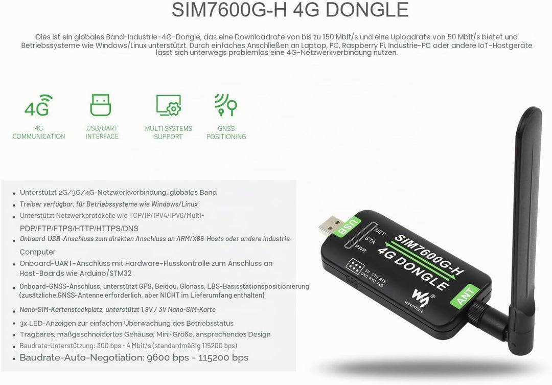 Waveshare SIM7600G-H 4G DONGLE with Antenna,Supports Global Band,Industrial Grade 4G Communication a