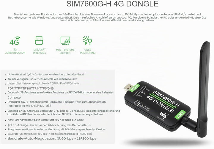 Waveshare SIM7600G-H 4G DONGLE with Antenna,Supports Global Band,Industrial Grade 4G Communication a