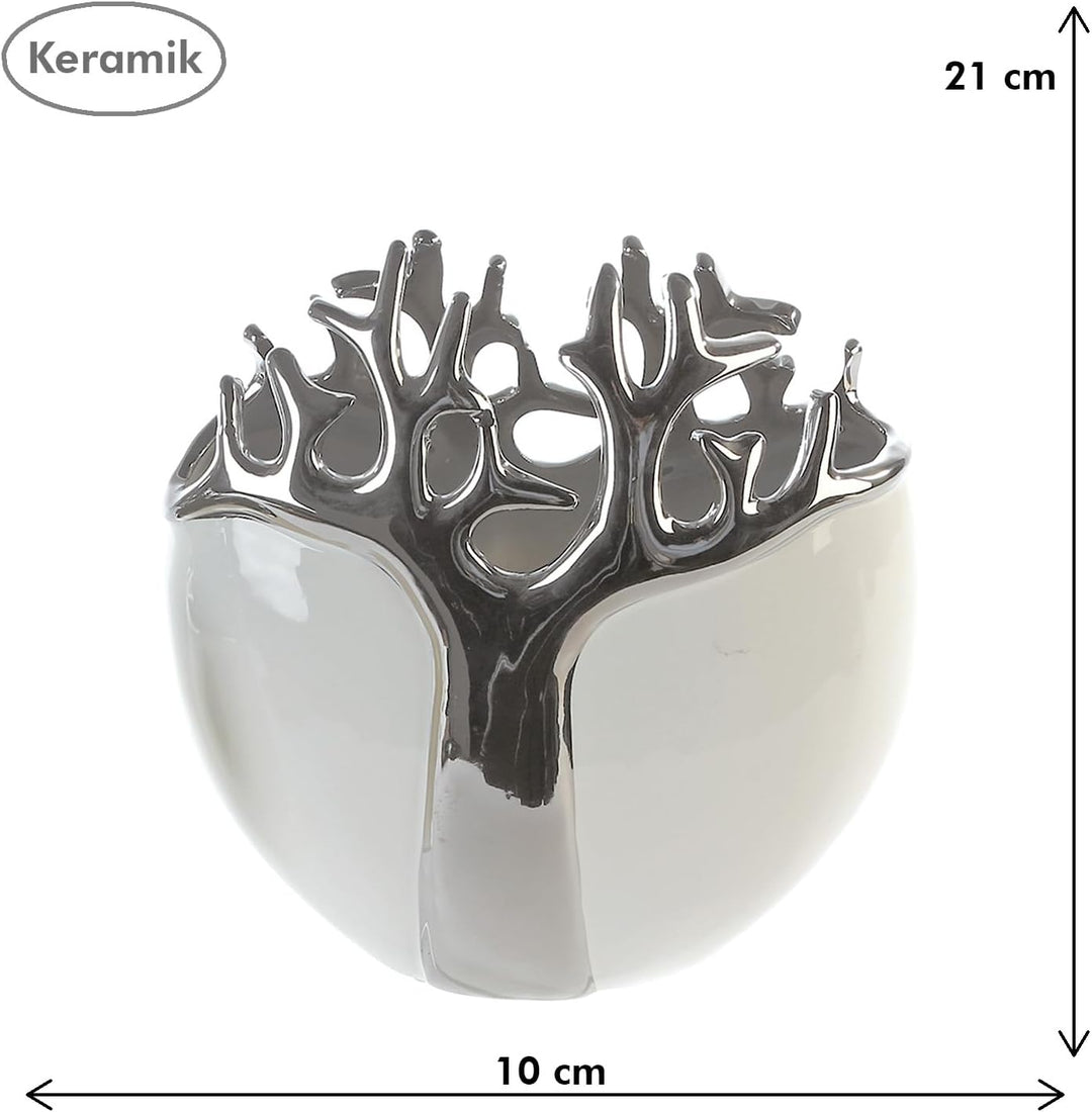 GILDE - Vase Tree - Keramik - weiss mit silbernem Baumdesign - Dekovase - Höhe 21 cm