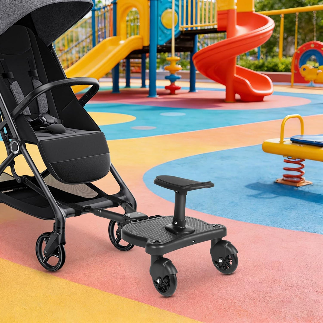 Buggy Board Universal Kinderwagen Skateboard – Mitfahrbrett mit Abnehmbarem Sitz 25kg, Faltbares Tri