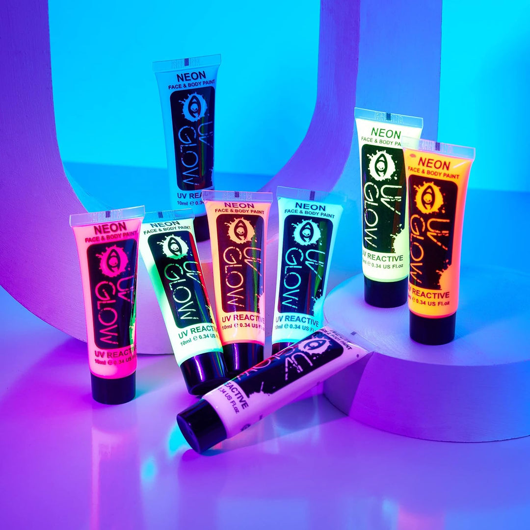 24 x 10ml UV-Bodypaint Körpermalfarben Schwarzlicht fluoreszierende Schminke Bodypainting Neon Farbe