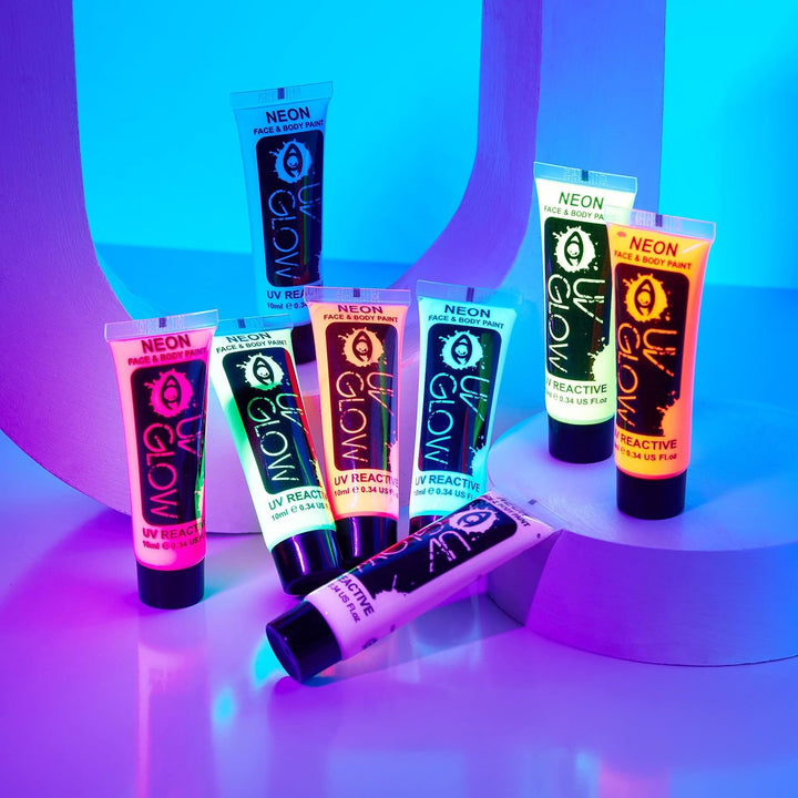 24 x 10ml UV-Bodypaint Körpermalfarben Schwarzlicht fluoreszierende Schminke Bodypainting Neon Farbe