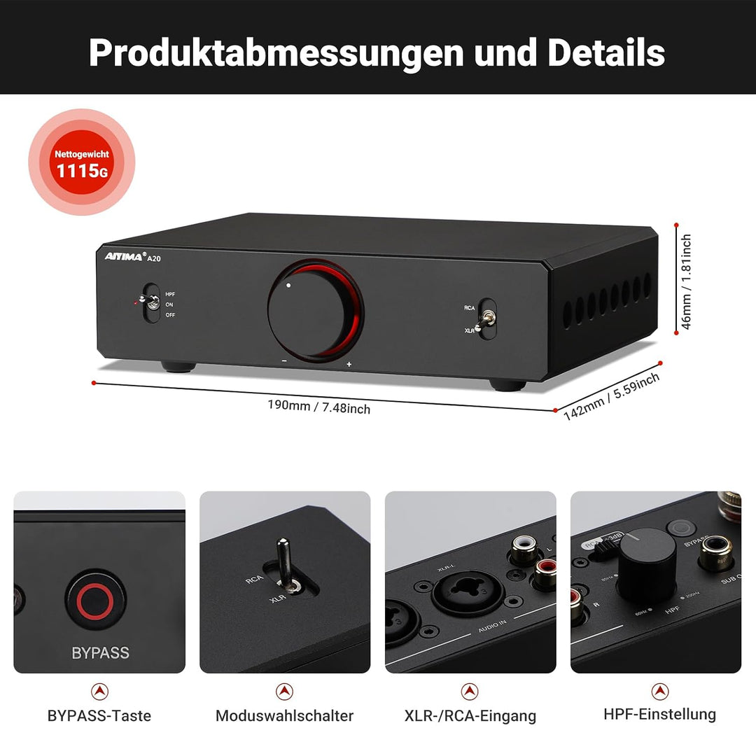 AIYIMA A20 Symmetrischer Stereoverstärker mit HPF-Einstellung Home HiFi 2.0/2.1 TPA3255 Desktop-Vers