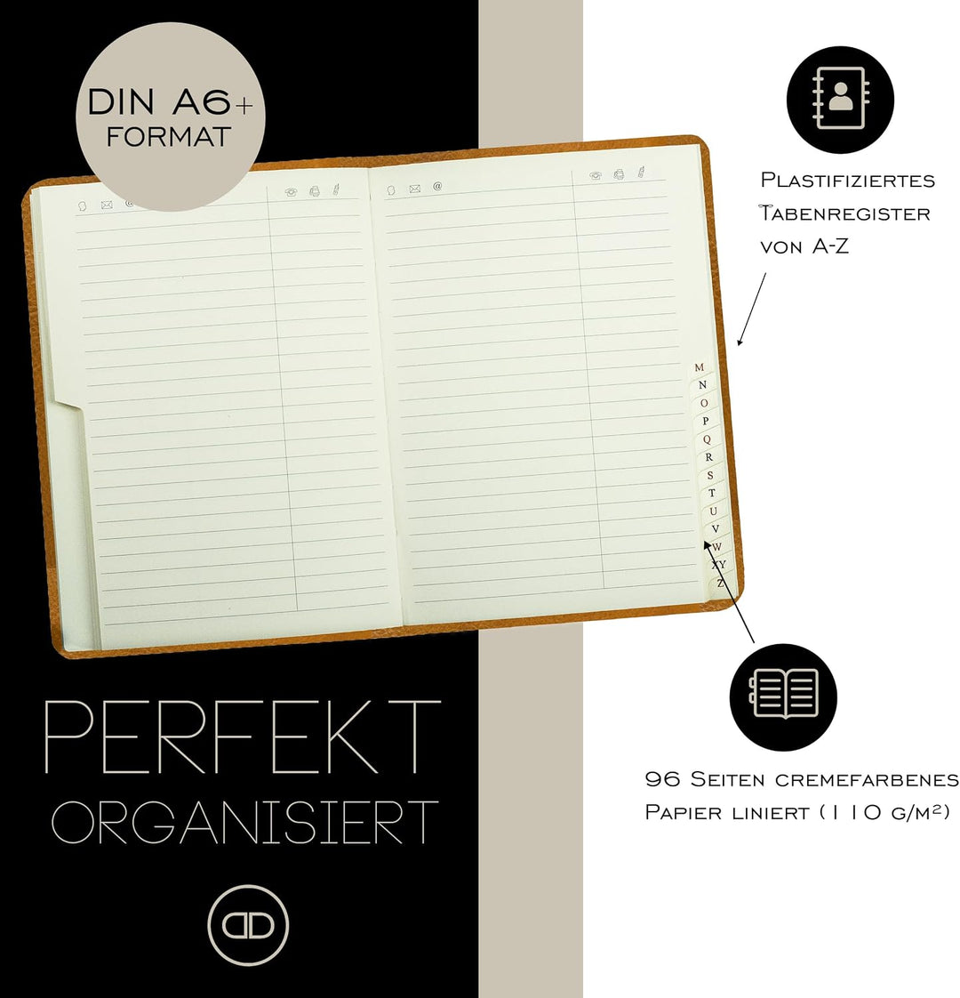 DELMON VARONE - Personalisierbares Adressbuch DIN A6 gebunden mit A-Z Register Anilin Leder braun -
