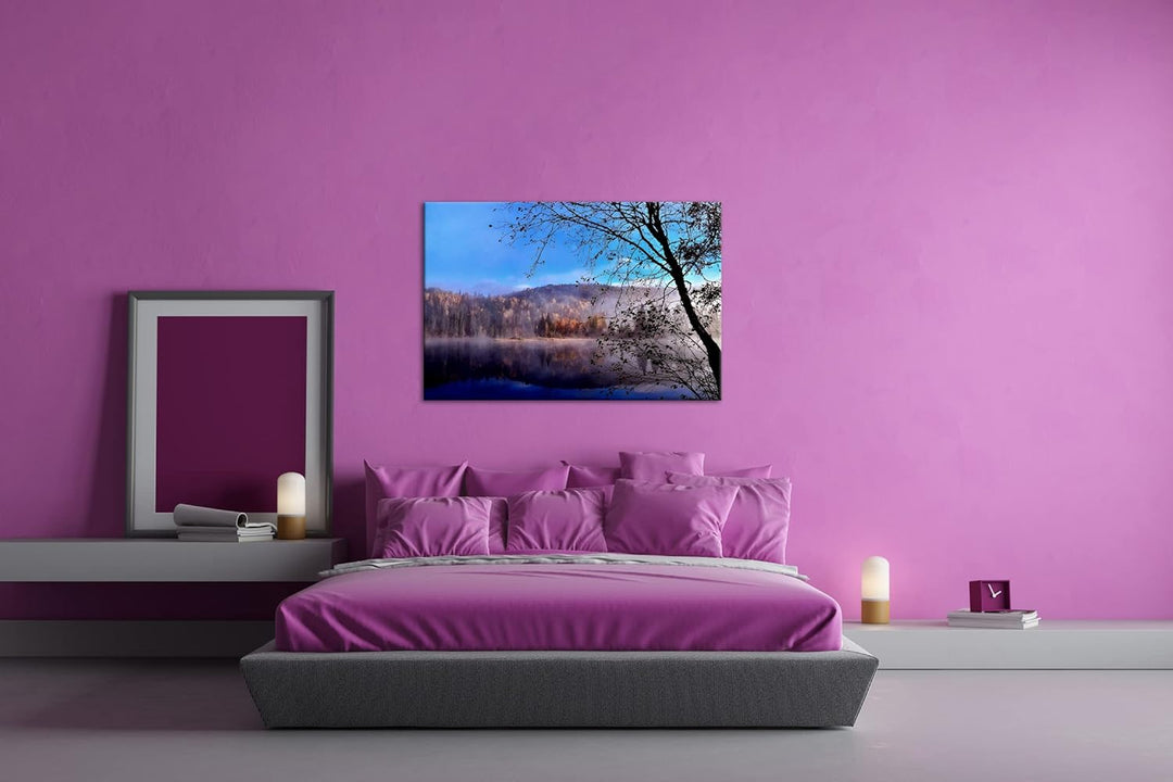 deyoli schöne Herbstlandschaft am See im Format: 80x60 als Leinwandbild, Motiv fertig gerahmt auf Ec
