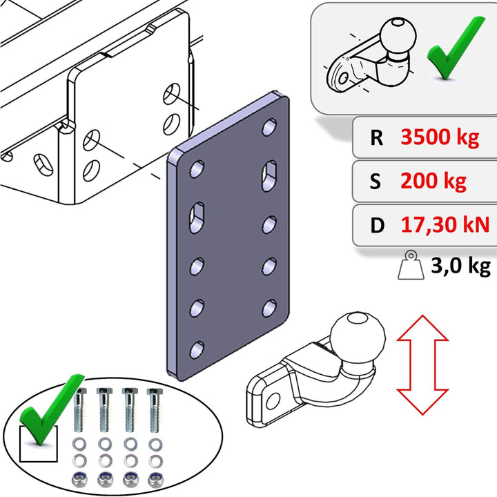 XIMPLIO Universelle Adapterplatte zur Höhenverstellung 5x90+4xM16 der Anhängerkupplung für 2-Loch 90