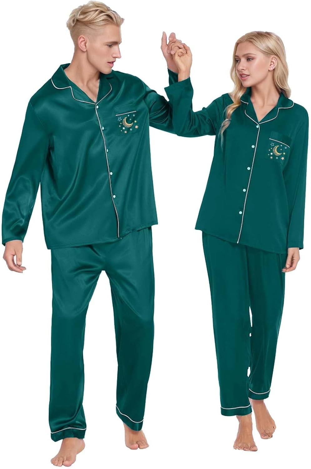 Damen Pyjama Satin Schlafanzug Set,Damen Seidensatin Pyjama Set 2Pcs Langarmhose Chinesischer Stil N