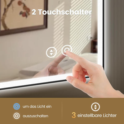 YOLEO Badespiegel mit Beleuchtung, Badezimmerspiegel LED mit Metallrahmen, Wandspiegel mit Touchscha