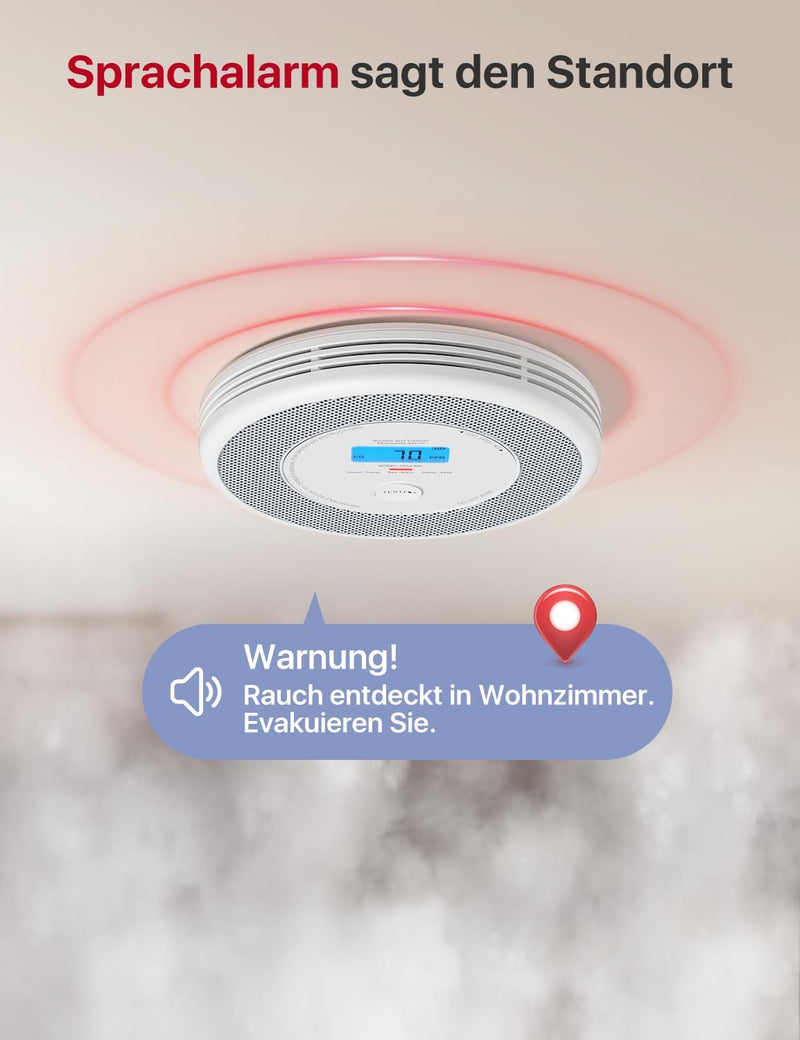 X-Sense WLAN-Rauch- und Kohlenmonoxidmelder, Sprachalarm und Standortansage, 2-in-1 Rauchmelder mit