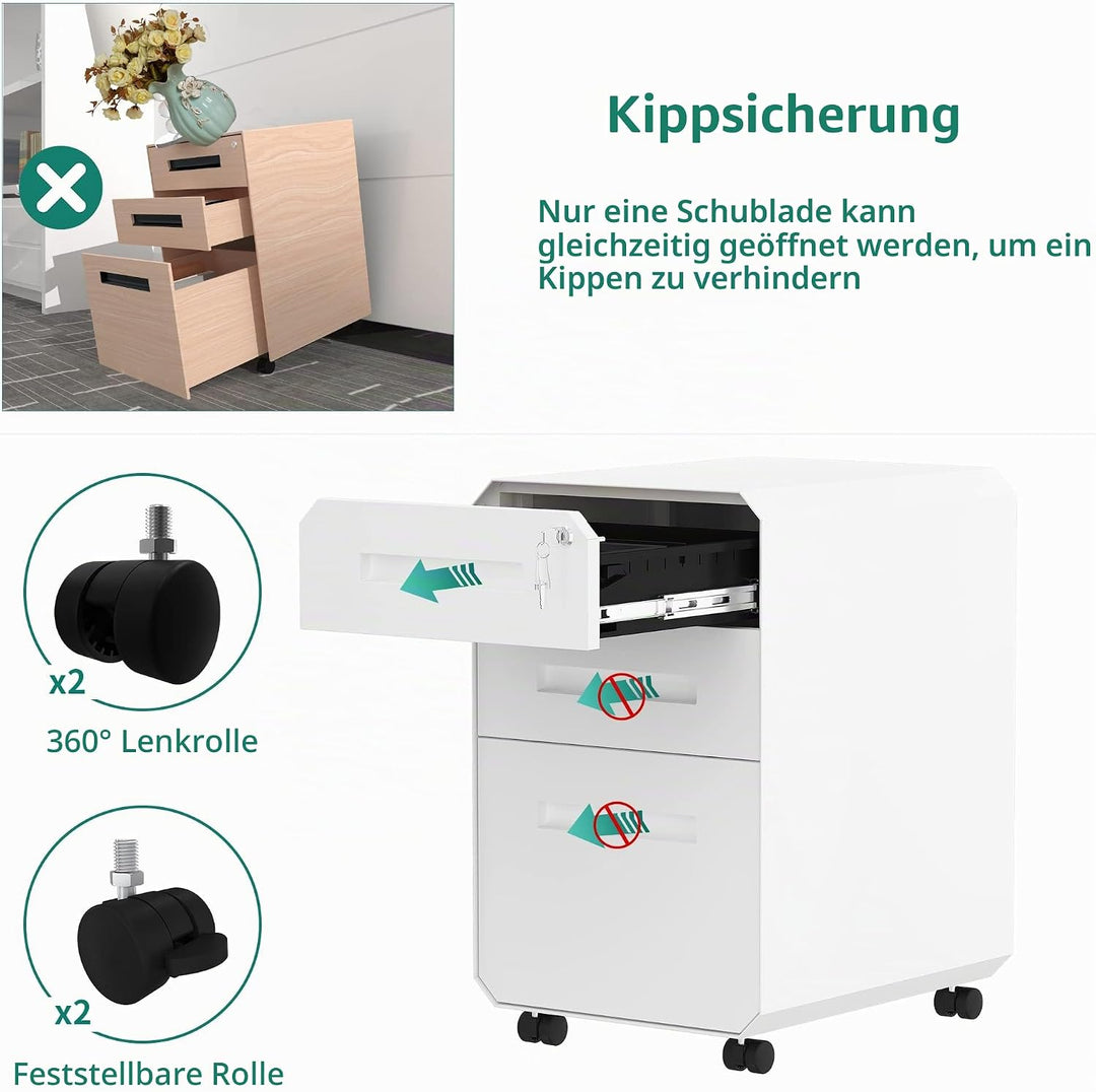 YITAHOME Metall Rollcontainer mit 3 Schubladen, Abschliessbar Aktenschrank für Legal, Letter, Mobile