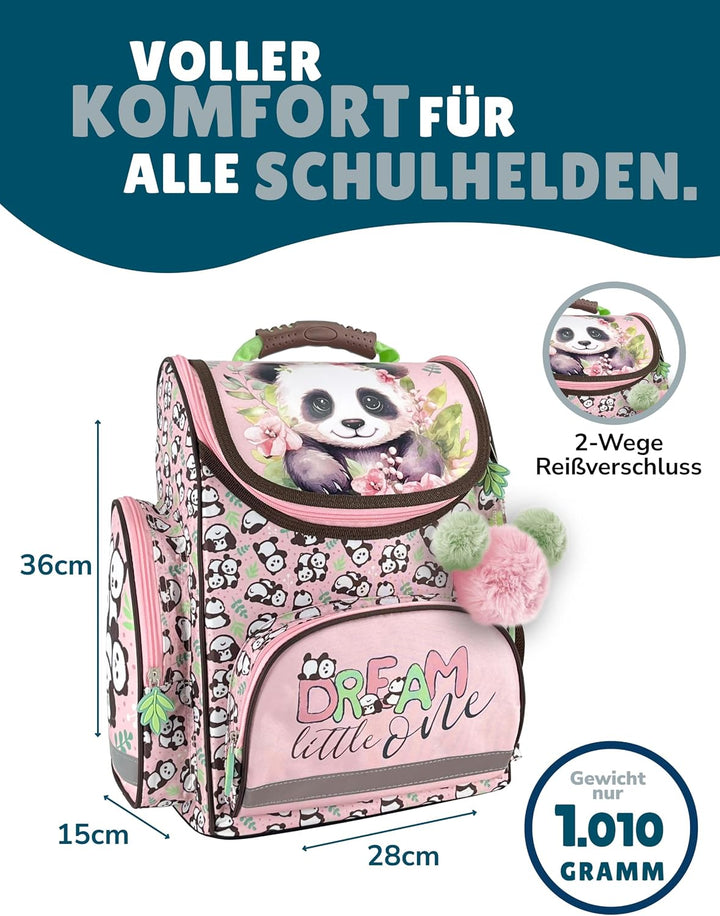 Familando - Schulranzen Set - 8-teilig mit Federmappe - Panda Bär - Ergonomisch, stabil &amp; mit gepols
