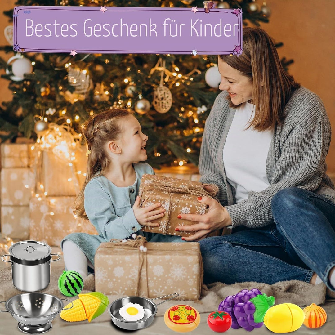 Kinderküche Zubehör 32 Stück Spielküche Zubehör,Kochgeschirr Edelstahl Pfannenset Schürze und Kochmü