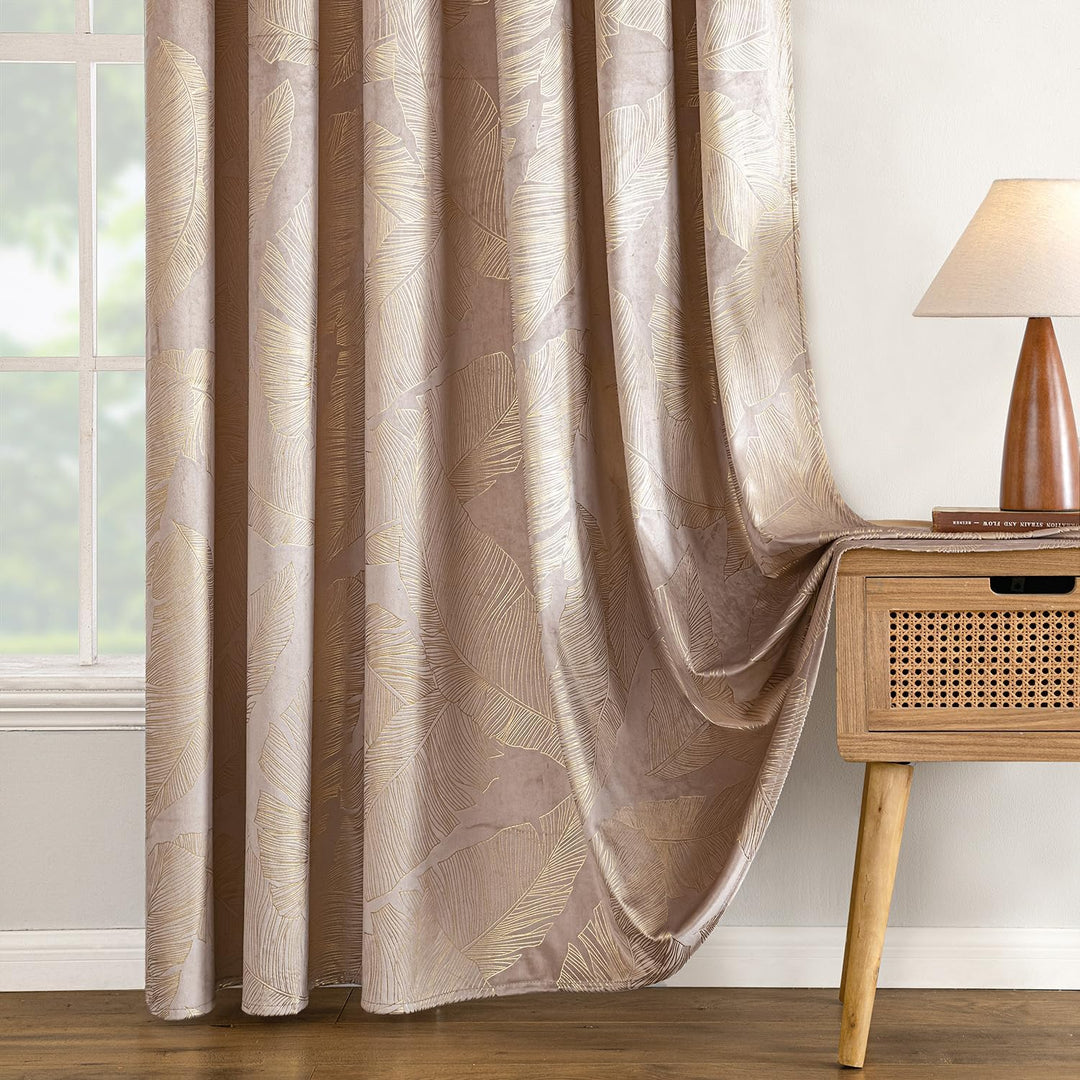 MIULEE Vorhänge Samt mit Goldfolie Blätter Muster, 2 Stück Beige Samt Gardinen mit Ösen, Jedes 280 c