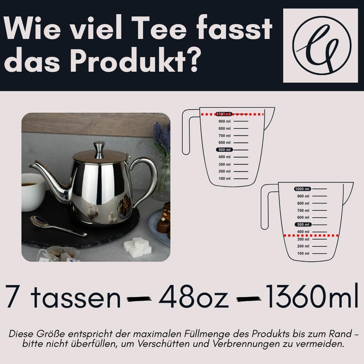 Café Olé PT-048 Cafe Ole Erstklassige Premium Teekanne, 18/10 Edelstahl, 48 Ounces, Tropffreies Ausg