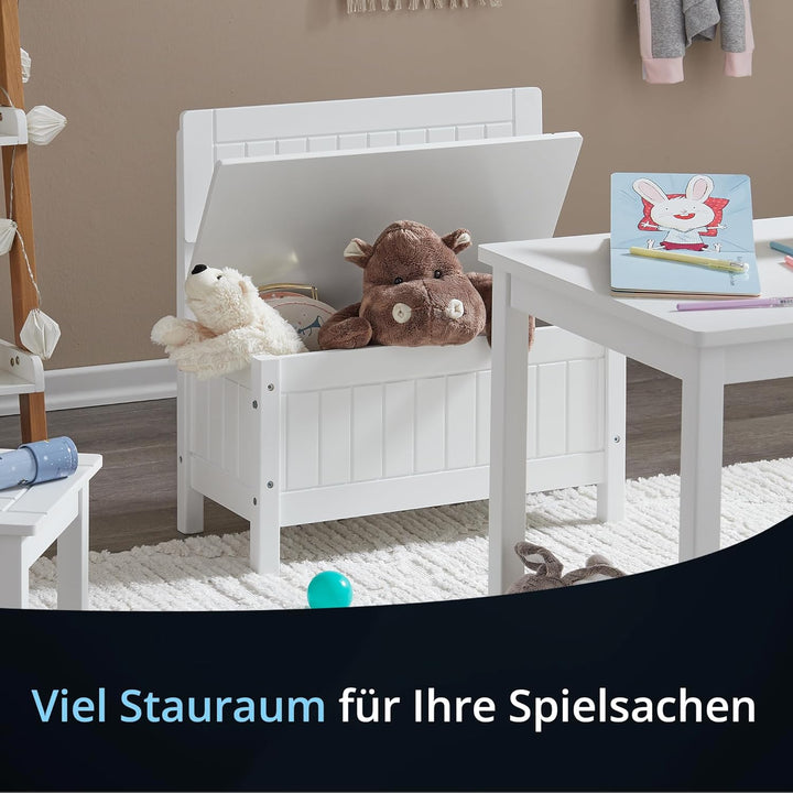 KHG Kinderbank weiss Landhaus für Kinderzimmer, Pflegeleichte Oberfläche, robust Truhenbank, kindger