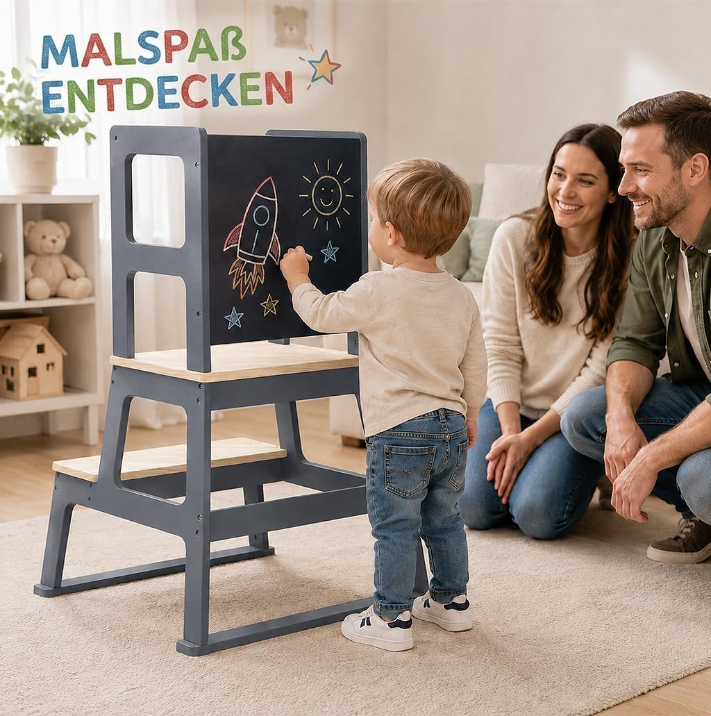 Baby Vivo Lernturm aus Holz - Tower Küche Kindermöbel Learning Tower - Schemel Lerntower für Kinder