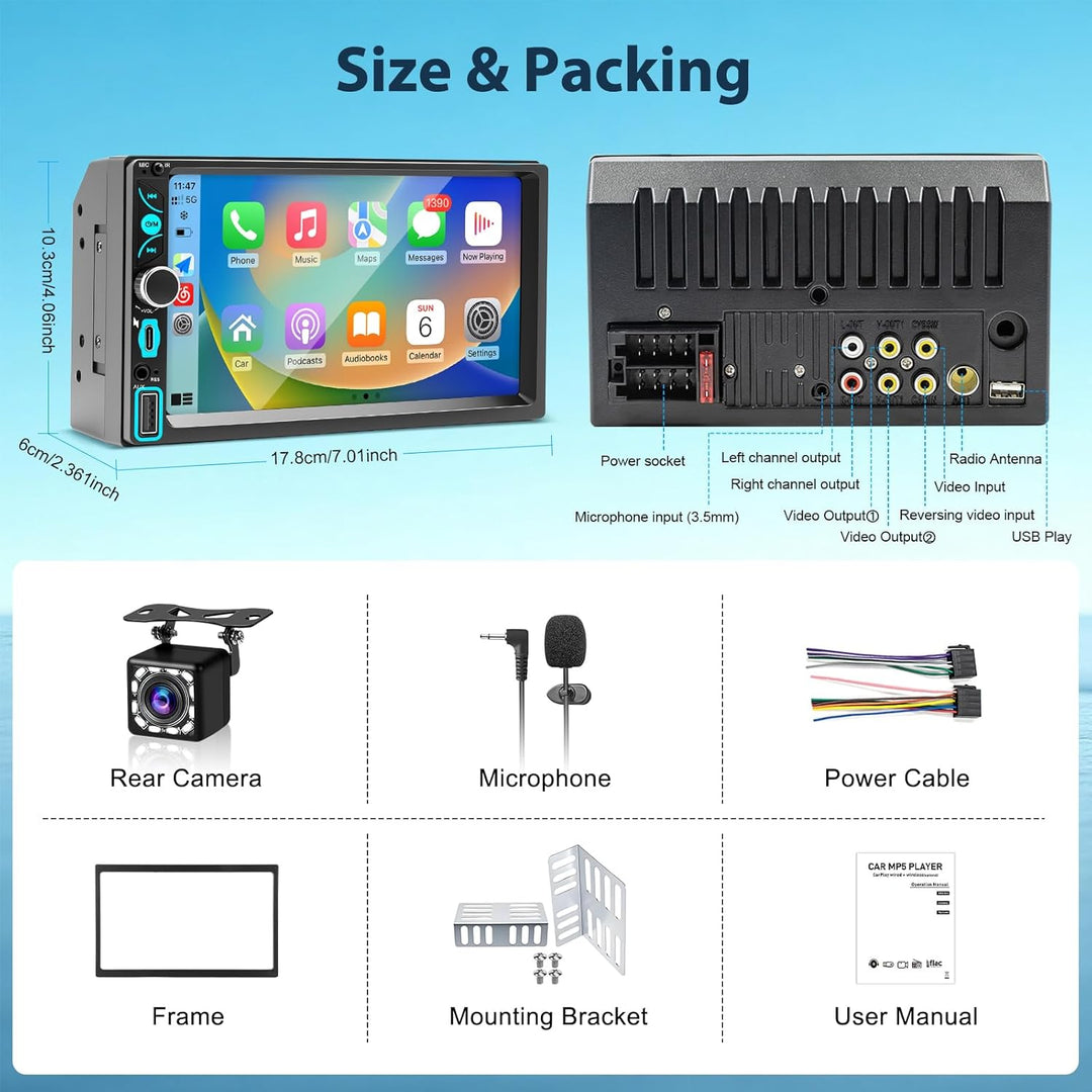 2 DIN Autoradio mit Bildschirm, Wireless Apple CarPlay Android Auto, 7 Zoll HD Touch Display Doppel-