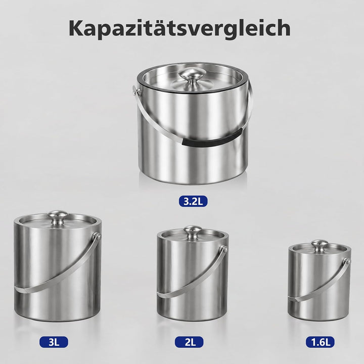 3,2 L Eiswürfelbehälter mit Deckel und Zange，Doppelwandig Isoliert Edelstahl Eiswürfelbehälter für W