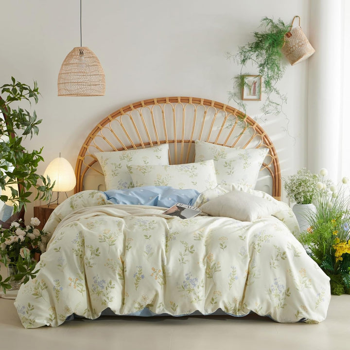Freyamy Blumen Bettwäsche 135x200cm 2teilig Baumwolle Beige Bunt Floral Blätter Pflanzen Wendebettwä