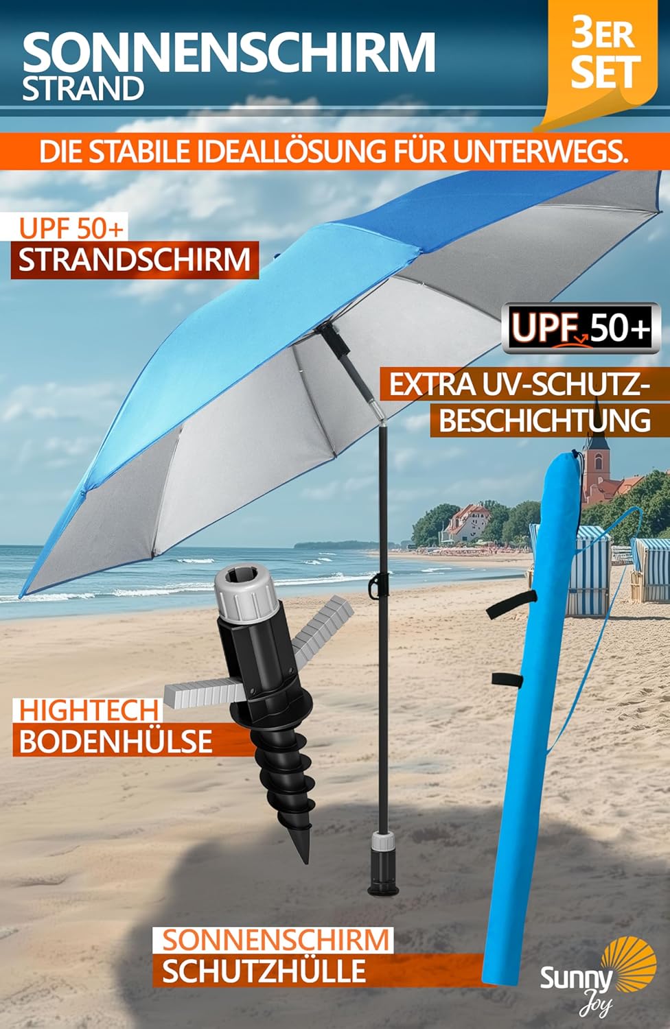 4smile Sunnyjoy Sonnenschirm Strand 3-IN-1 Set - Strandschirm windfest stabil, UPF 50+ Sonnenschirm