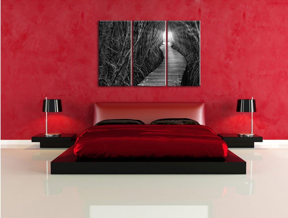 Pixxprint Gehweg im Wald Kunst B&W / 3-Teilig/Gesamtmass 120cm Leinwandbild bespannt auf Holzrahmen/