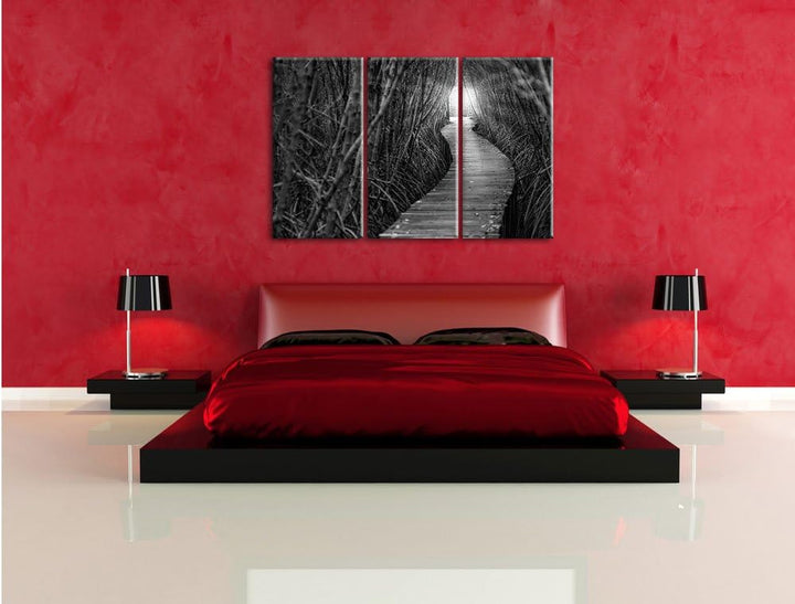 Pixxprint Gehweg im Wald Kunst B&W / 3-Teilig/Gesamtmass 120cm Leinwandbild bespannt auf Holzrahmen/