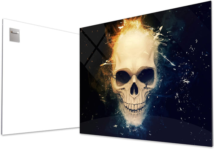 wandmotiv24 Totenkopf Wandbild aus Acrylglas, Grösse 80x60cm, Querformat, Schädel Blau Orange, Rauch