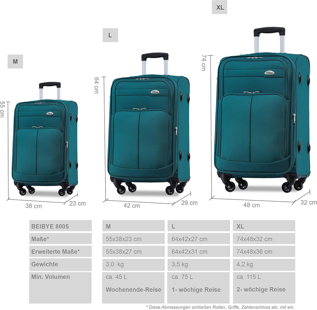 BEIBYE 4 Rollen Reisekoffer 3tlg.Stoffkoffer Handgepäck Kindergepäck Gepäck Koffer Trolley Set-XL-L-