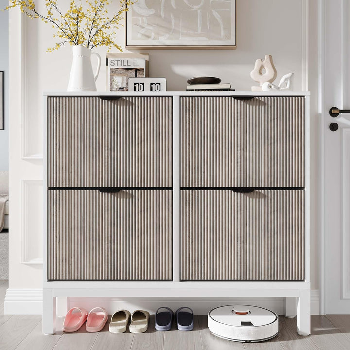 Schuhschrank Schmal, Schuhregal Mit 4 Klappen, Schuhkipper Mit Trennwände Verstellbar Und Abnehmbar,