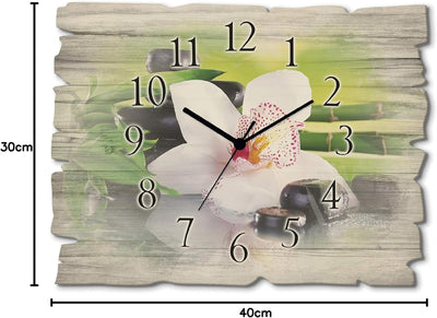 ARTLAND Wanduhr ohne Tickgeräusche aus Holz Funkuhr 40x30 cm Rechteckig Lautlos Orchidee Zen Pflanze