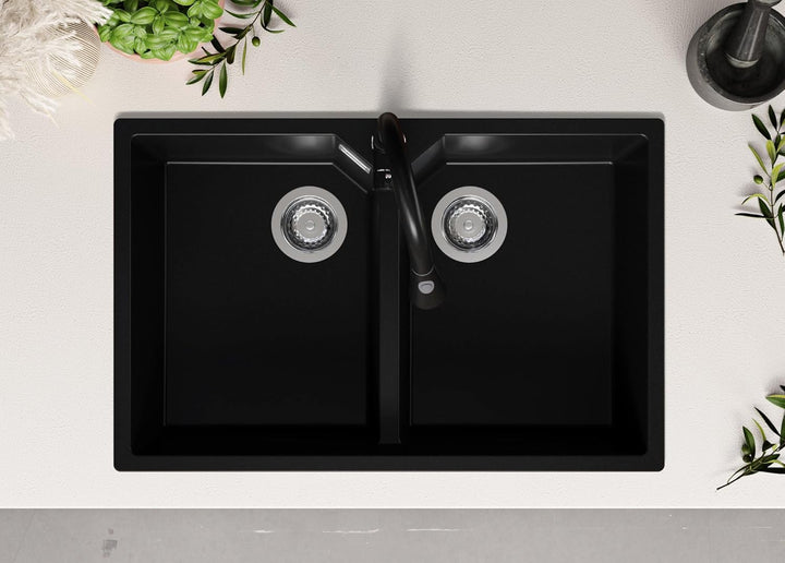 Spülbecken Schwarz 78 x 50 cm, Granitspüle + Küchenarmatur + Ablauf-Set, Küchenspüle ab 80er Untersc